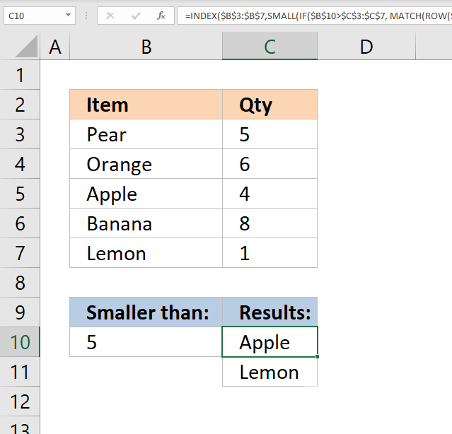 vlookup return multiple values smaller than