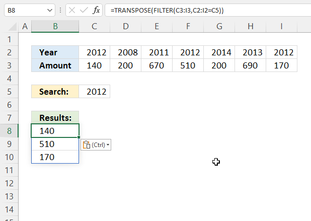Filter values horizontally Excel 365