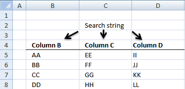 Search for a text string in an excel table
