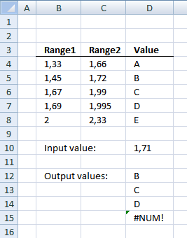 Return multiple values if in range in excel