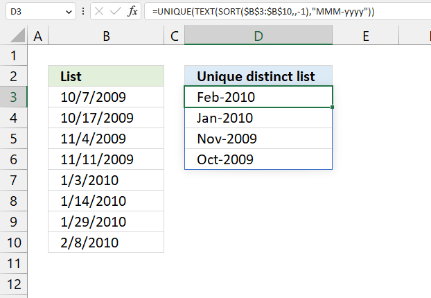 Extract sorted unique distinct years and months from dates Excel 365