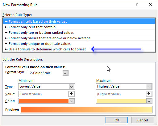 CF button new rule use a formula to determine which cells to format