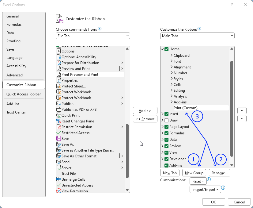 Customize ribbon add a new group and rename