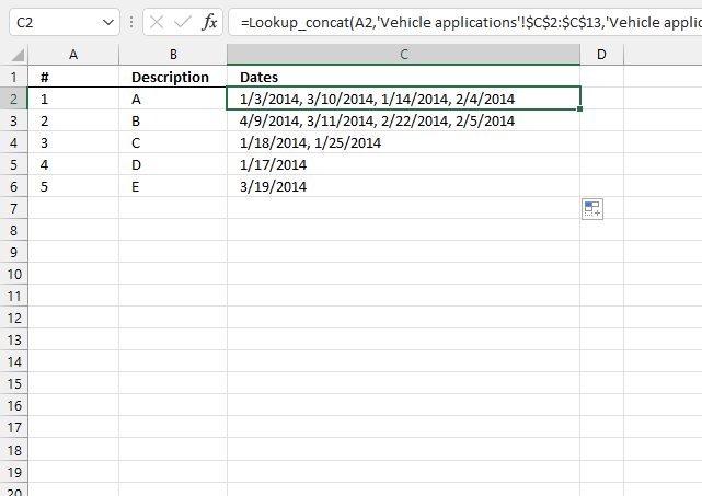 Lookup and return multiple dates concatenated into one cell UDF