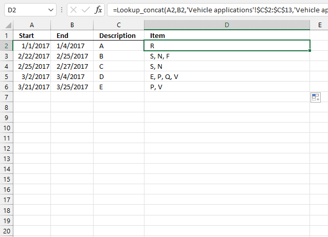 Lookup and return multiple dates concatenated into one cell based on a cell range UDF1