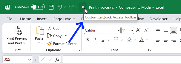 Print button on the quick access toolbar