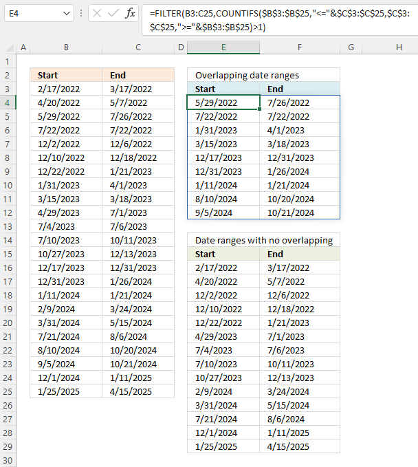 Filter overlapping date ranges Excel 365