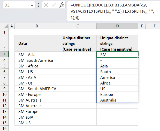 Filter unique distinct strings from a cell range Excel 365