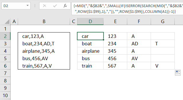 Text to columns Split words in a cell delimiting character