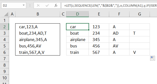 Text to columns Split words in a cell excel 365 formula comma as a delimiting character