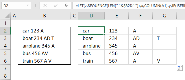 Text to columns Split words in a cell excel 365 formula