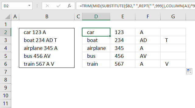 Text to columns Split words in a cell