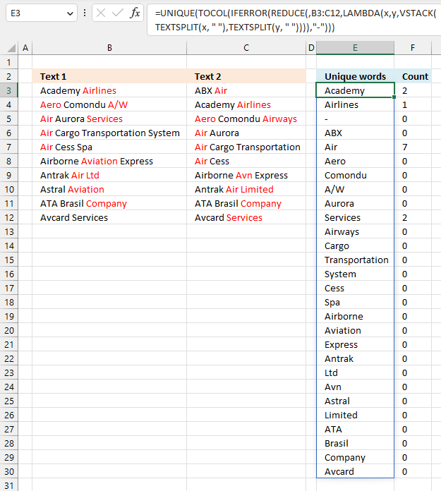 Frequent words Excel 365