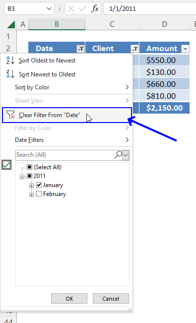 Running totals based on criteria Excel table how to clear a filter