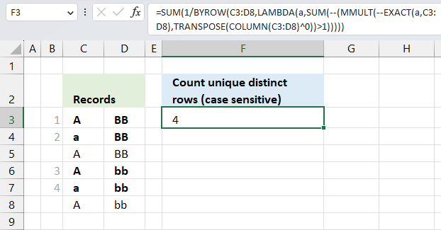 Count unique distinct rows case sensitive