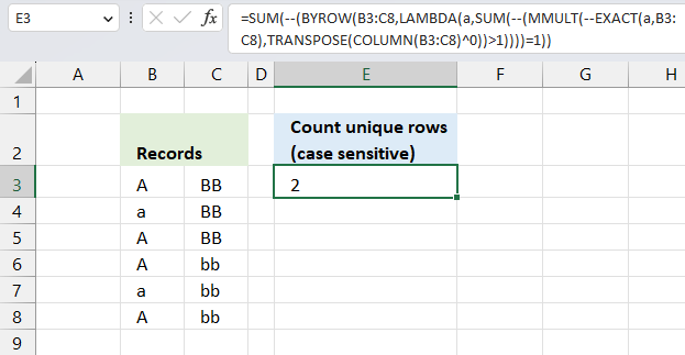 Count unique rows case sensitive