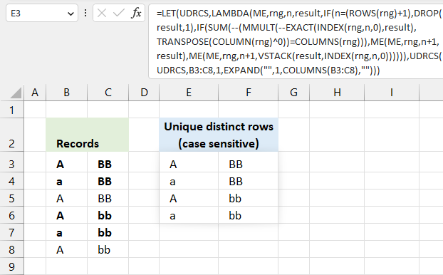 Filter unique distinct rows case sensitive 1