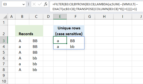 Filter unique rows case sensitive