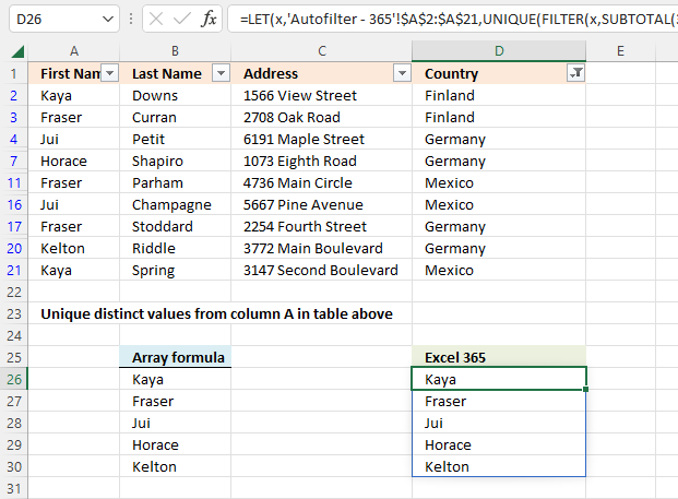 List unique distinct values in a filtered Autofilter