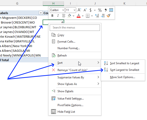 Count unique distinct records in a Pivot table sort pivot table