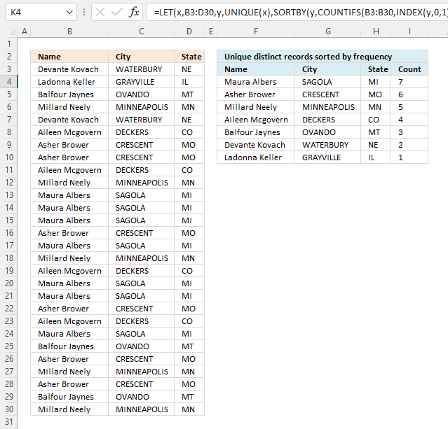 Unique distinct records sorted based on count or frequency Excel 365