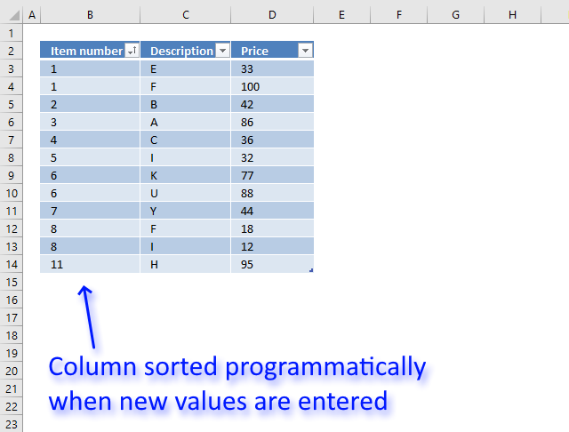 Sort an Excel defined Table programmatically