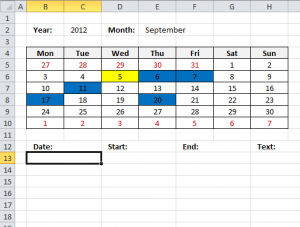 Excel calendar