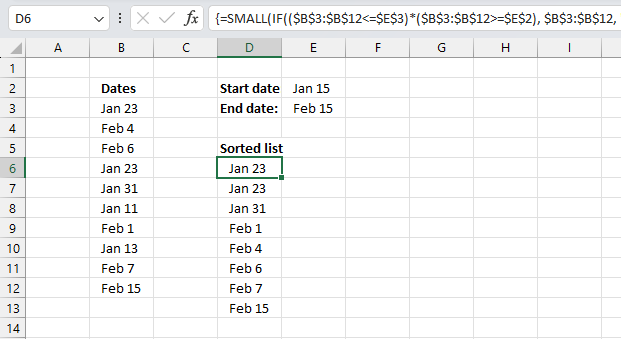 Sort dates within a date range