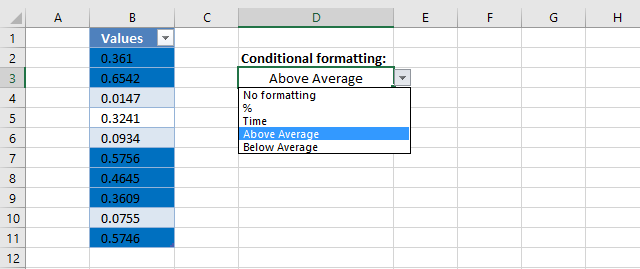 How to change cell formatting using a Drop Down list above average