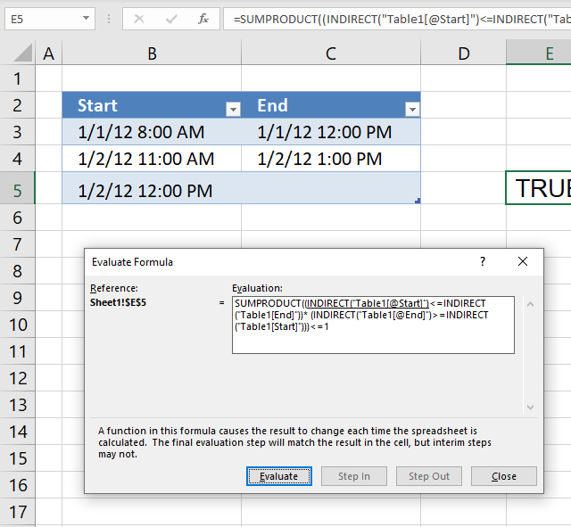 Prevent overlapping date and time ranges using data validation evaluate formula