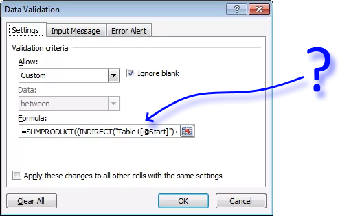 Prevent overlapping date and time ranges using data validation question mark