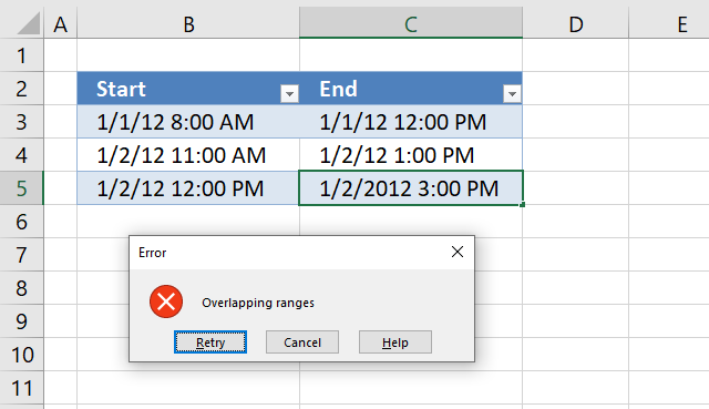 Prevent overlapping date and time ranges using data validation