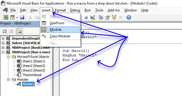 Run a macro from a drop down list VBA code