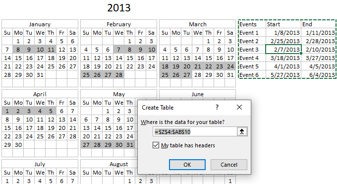 Highlight events in a yearly calendar create excel table