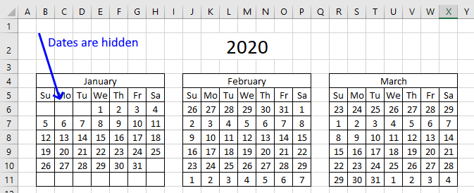 Highlight events in a yearly calendar hide dates CF formula format cells2