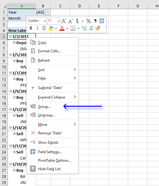 How to calculate totals of stock transactions based on dates group row labels