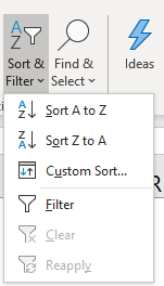 Sort a data set Filter and sort button