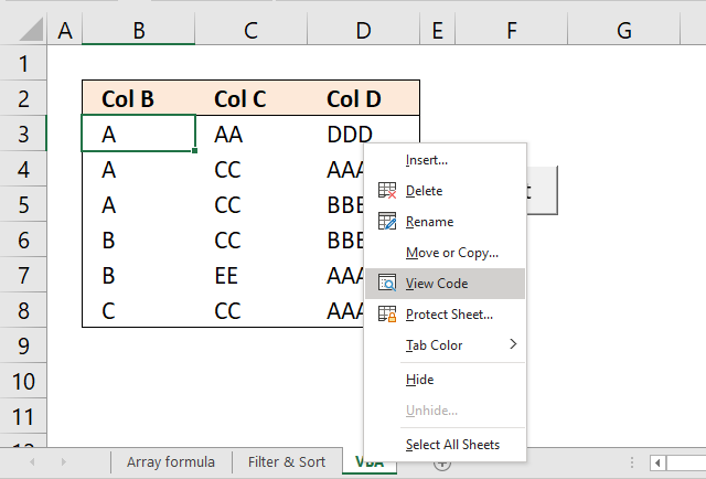 Sort table using a vba macro event code