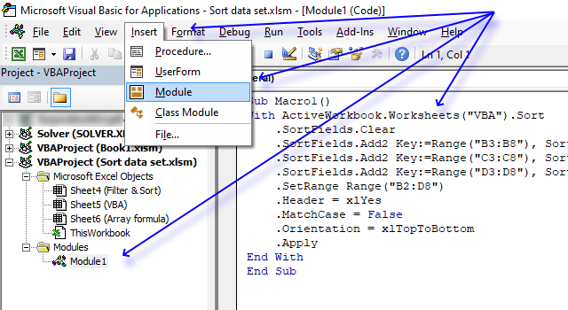 Sort table using a vba macro