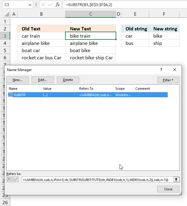 Substitute multiple text strings Excel 365 recursive lambda function