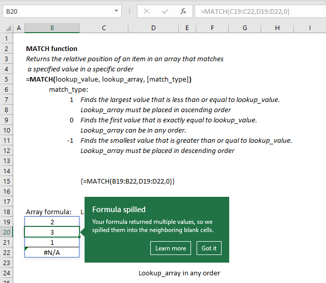 How to use the MATCH function return a dynamic array