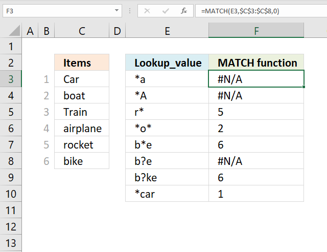 How to use the MATCH function wildcard