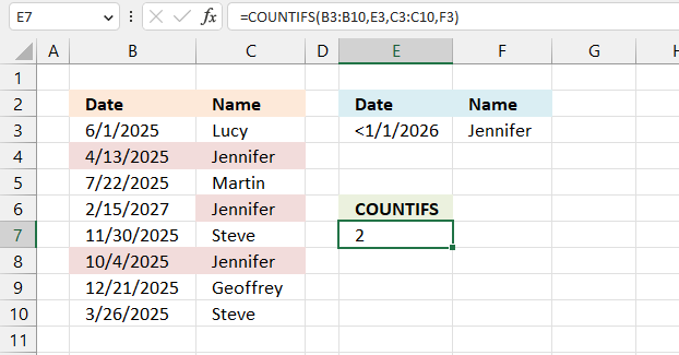 COUNTIFS function after a date