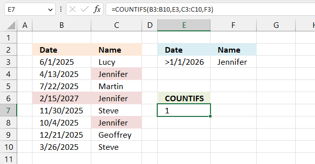 COUNTIFS function after a date1