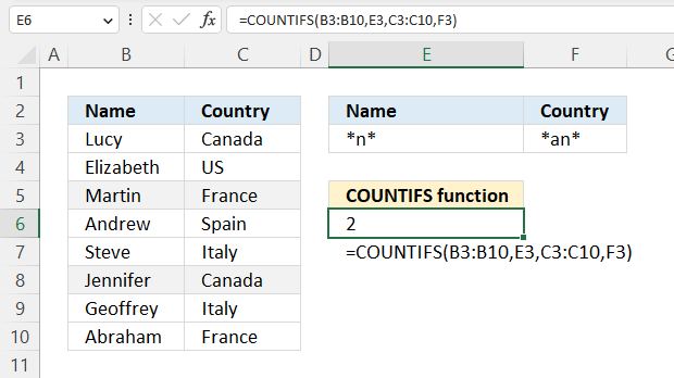 COUNTIFS function partial match wildcard