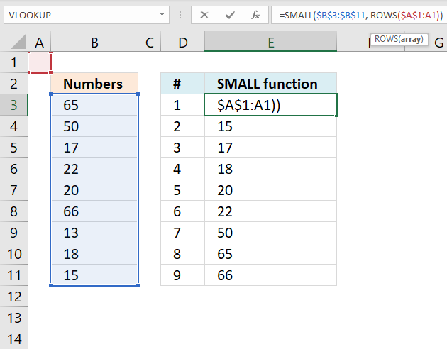 SMALL function ROWS function