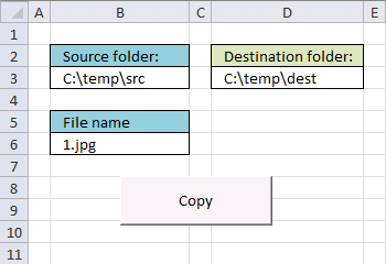 Picture of a worksheet that allows you to copy a specific file from a source folder to a destination folder using vba