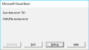 Picture of vba error message Run-time error 75 Path/File access error