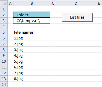 Picture of a worksheet that lists files in a folder using a vba macro
