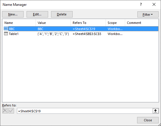 locate an Excel Table in a workbook name manager tool